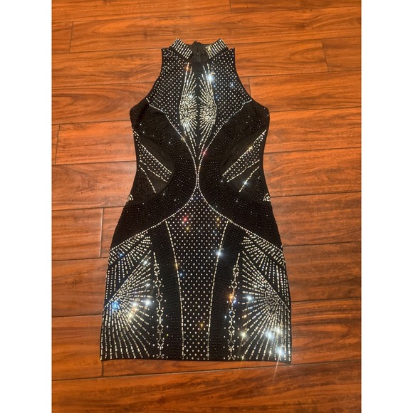 Banjul Dresses & Skirts - Banjul Black Rhinestone Studded Mesh Mini Dress High Neck Bodycon Sleeveless